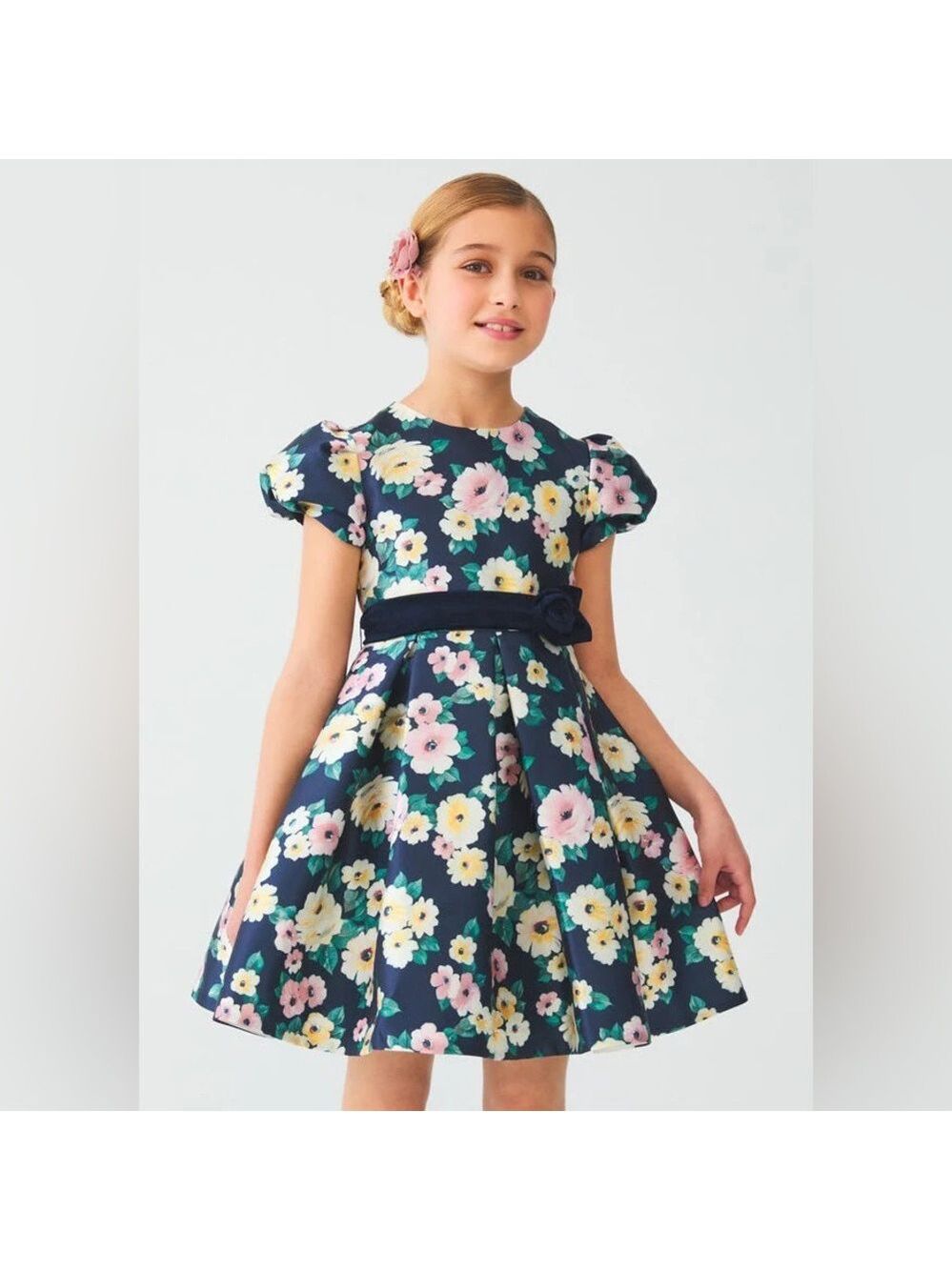 Size 8 Girls Charming Floral Kids Dress in Navy